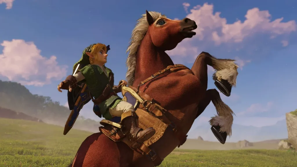 A character resembling Link from 'The Legend of Zelda' rides a rearing horse across a grassy field with a clear blue sky overhead.