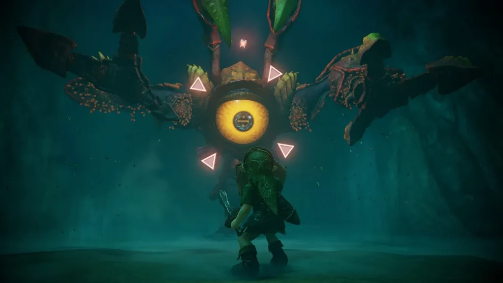 A character stands ready to battle a giant, eye-centered creature in an underwater setting in the game 'The Legend of Zelda: Tears of the Kingdom.'