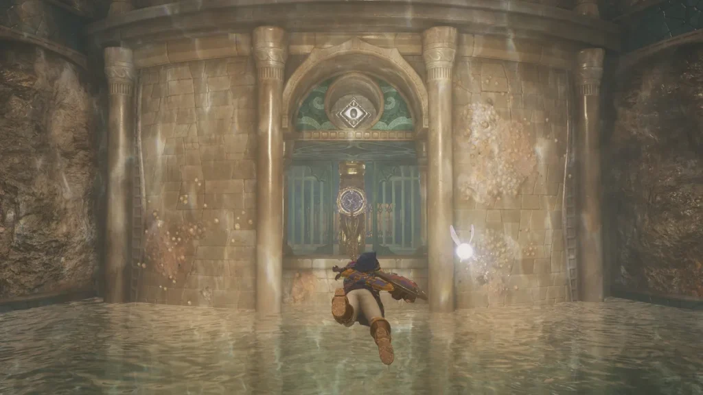 A character in 'The Legend of Zelda: Tears of the Kingdom' swimming toward a stone gate adorned with an eye symbol, accompanied by a glowing fairy.