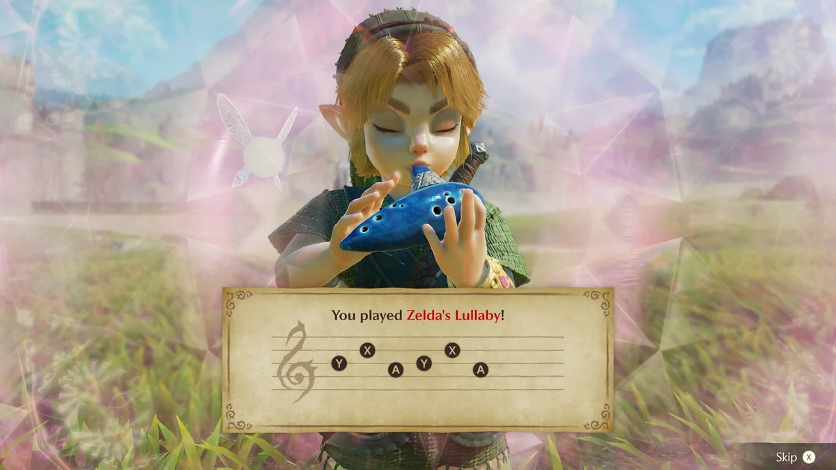 Zelda Ocarina of time — Link plays a blue ocarina in a field with an on-screen message reading'You played Zelda's Lullaby!' and showing button sequence'Y X A Y X A'.