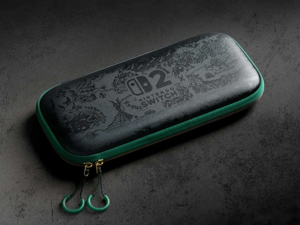 A Nintendo Switch carrying case featuring 'Zelda 2' artwork with green accents and dual zippers on a textured surface.