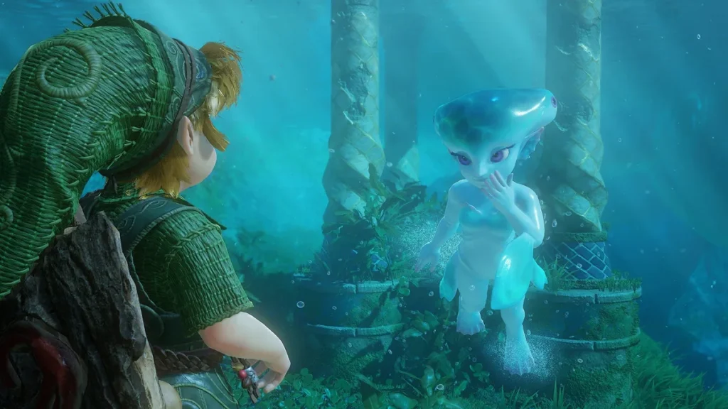 A scene from the game 'The Legend of Zelda: Tears of the Kingdom' shows Link underwater interacting with a Zora character amidst submerged ruins.