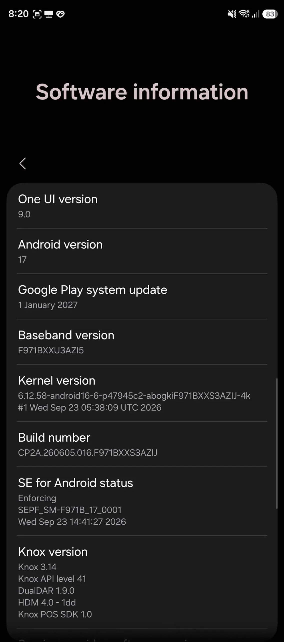 Ajustes de un Galaxy Z Fold 8 con la actualización del sistema de Google Play fechada en el futuro