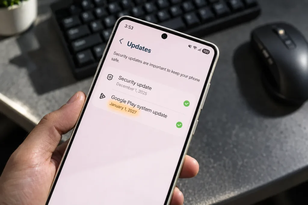 Varios Galaxy muestran una actualización del sistema de Google Play fechada en 2027 Varios Galaxy muestran una actualización del sistema de Google Play fechada en 2027