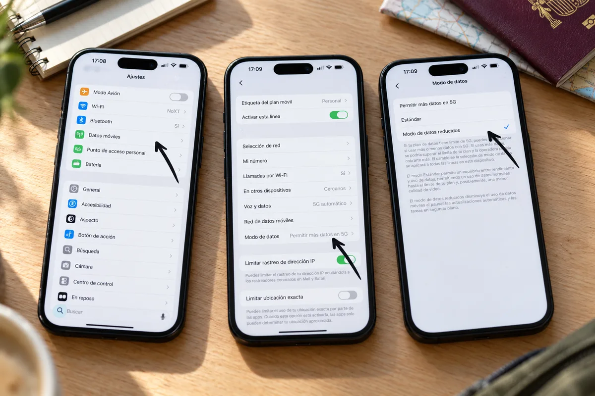 Ajustes del iPhone con el modo de datos reducidos para ahorrar datos en roaming con iPhone en vacaciones