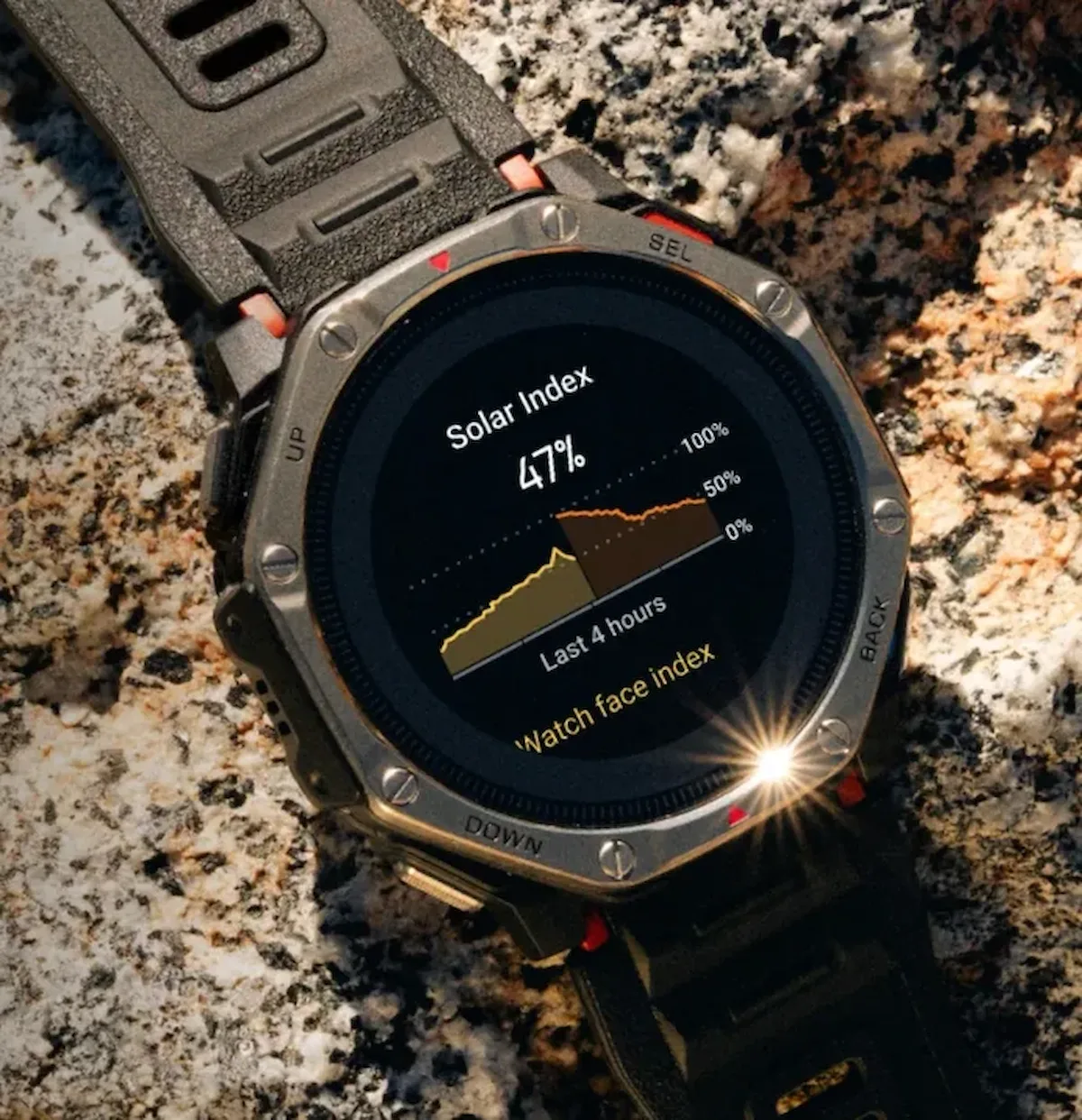 Reloj Amazfit T-Rex Dual Solar con paneles solares en la pantalla y la trasera
