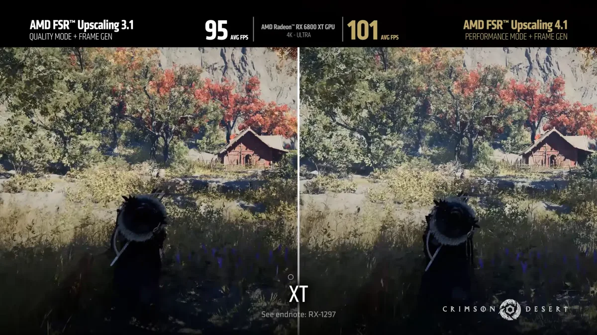 Comparativa de FSR 3.1 y FSR 4.1 con generación de fotogramas en una RX 6800 XT a 4K, con AMD FSR Redstone