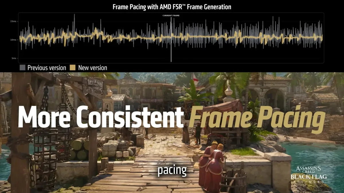 Gráfica de frame pacing con FSR Frame Generation en AMD FSR Redstone, más estable en la versión nueva