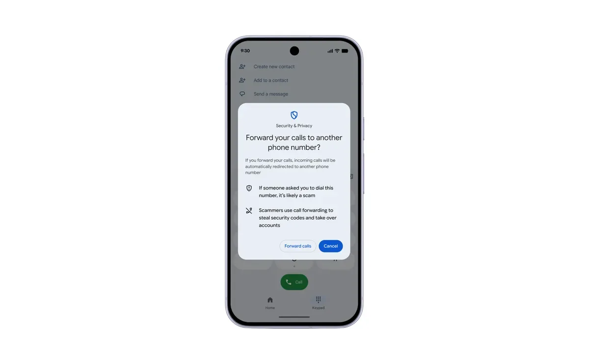 Pantalla de Android con la protección que alerta sobre el desvío de llamadas sospechosas
