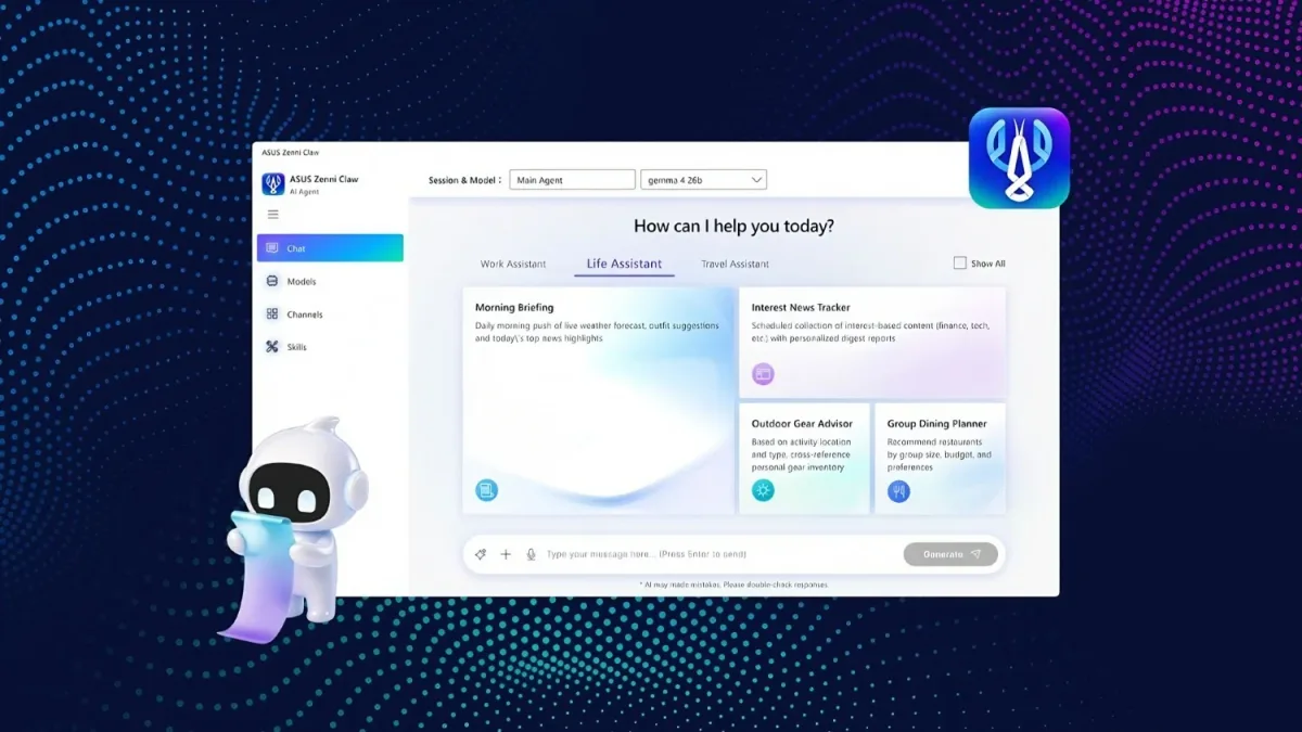Interfaz de ASUS AI ExpertMeet con el panel Life Assistant, tarjetas de tareas, barra de chat y una pequeña mascota robot