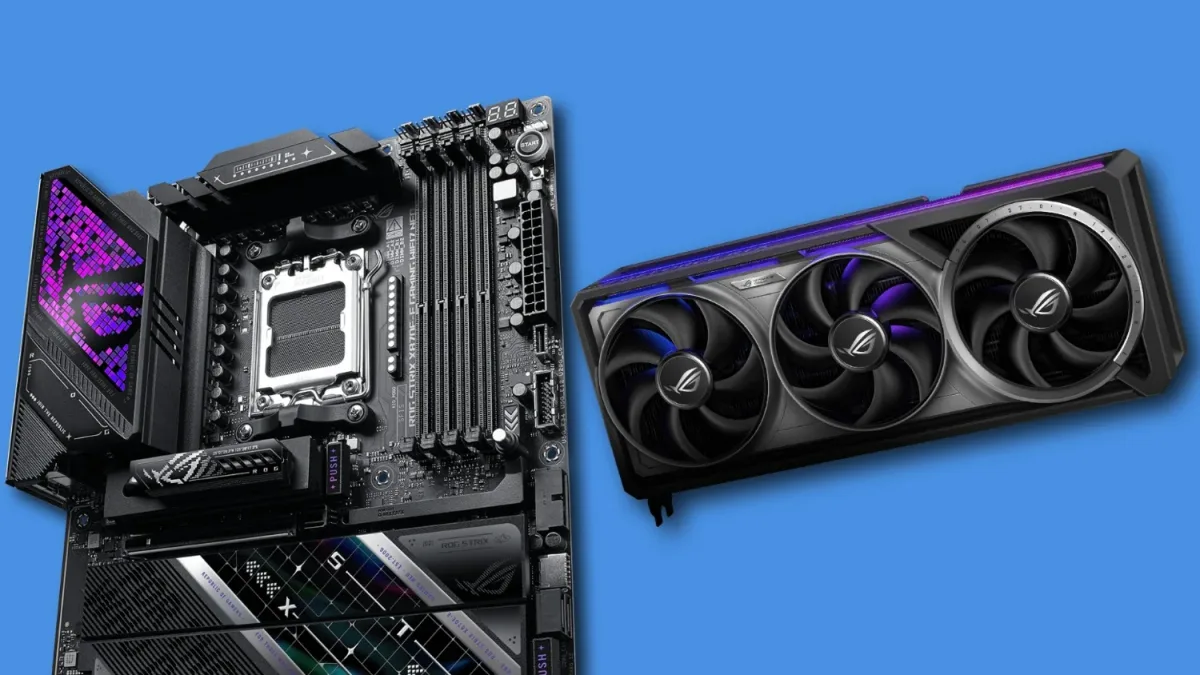 Placa base ASUS ROG con el zócalo de CPU al descubierto junto a una gráfica ROG de tres ventiladores
