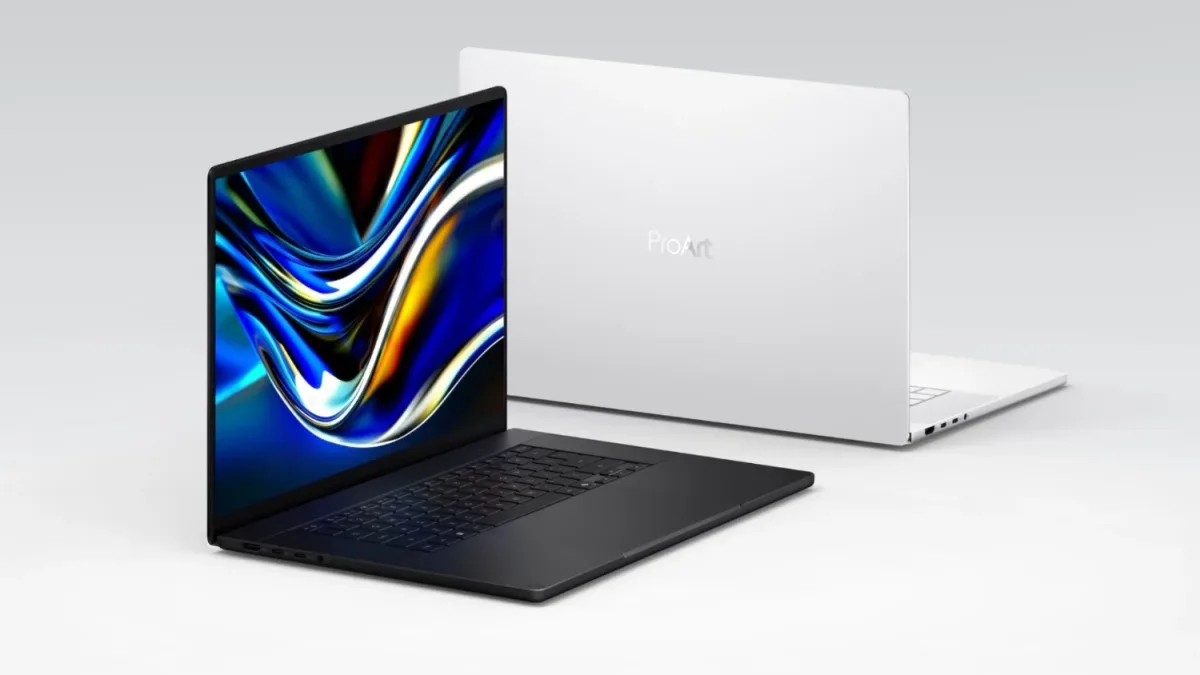 Dos portátiles ASUS sobre fondo blanco: uno oscuro abierto con ondas de colores y otro plateado detrás