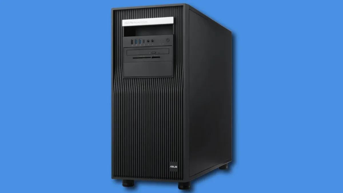 Torre de sobremesa ASUS negra con panel frontal acanalado y puertos frontales sobre fondo azul