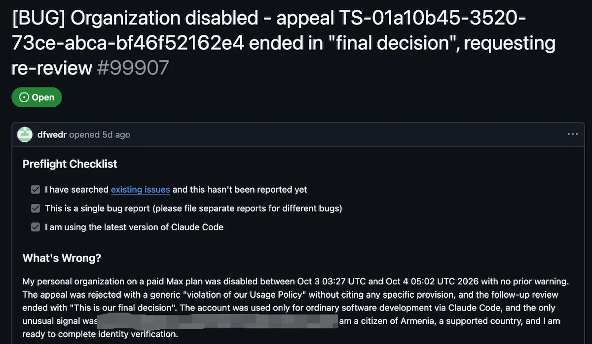 Captura de una apelación rechazada de una cuenta Claude