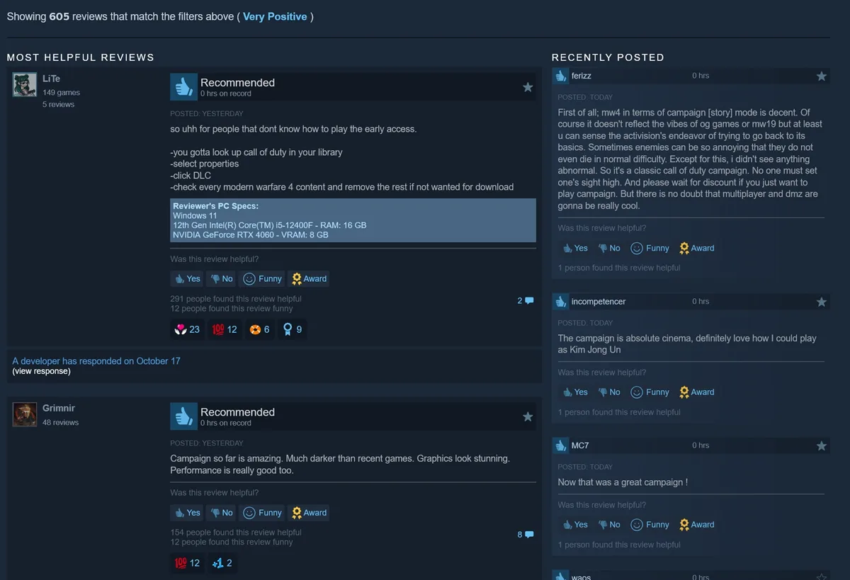 Reseñas de Call of Duty: Modern Warfare 4 en Steam mostradas en la página del juego