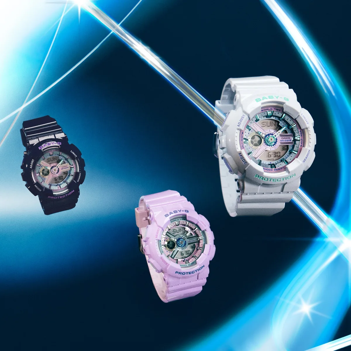 Tres relojes Casio Baby-G BA-110MC en azul, lila y blanco