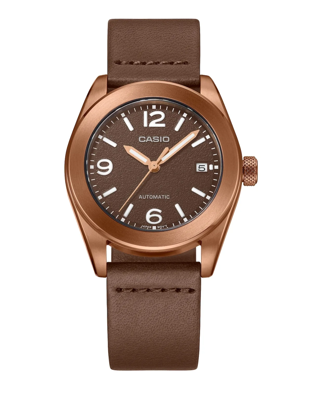 Casio CMK-100 automático de titanio con caja y esfera marrón cobrizas y correa de cuero marrón
