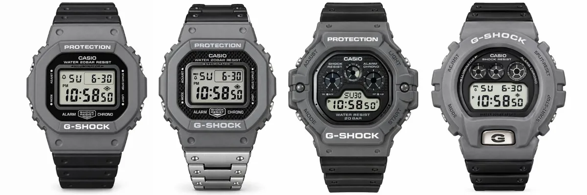 Los relojes Casio G-Shock DW-5600MTM-8, DWE-5600MTM-8, DW-5900MTM-8 y DW-6900MTM-8, de izquierda a derecha