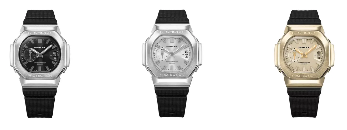 Los relojes Casio G-Shock GMC2500-1A, GMC2500-1A8 y GMC2500G-9A, de izquierda a derecha