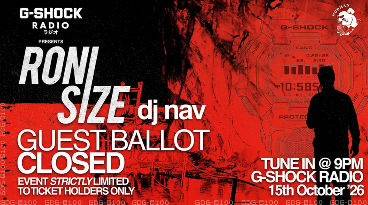 Cartel del evento subterráneo de G-Shock Radio con Roni Size para el nuevo Casio G-Shock Mudman