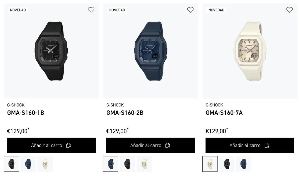 Casio GMA-S160 — Captura de la tienda española de Casio con los GMA-S160 y su precio.