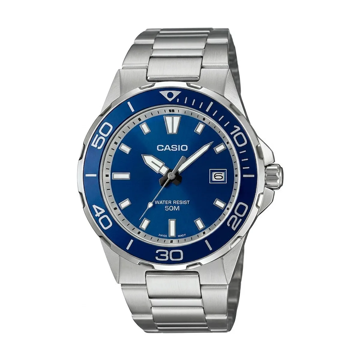 Reloj de buceo Casio con bisel de aluminio y esfera azul, similar al MTD-145D-1AV