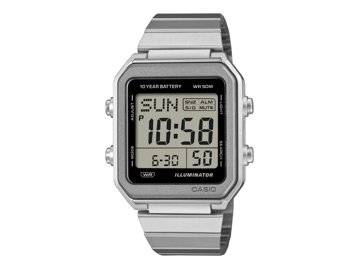 Reloj digital cuadrado Casio W-221HD-1A con correa de acero inoxidable