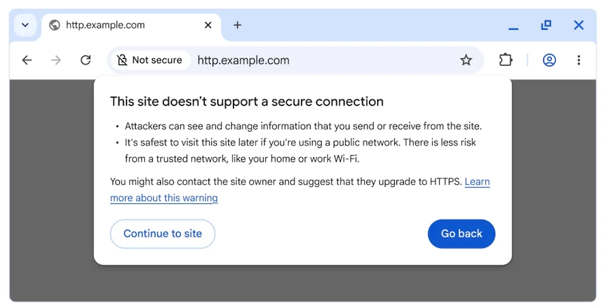 Aviso de conexión HTTP no segura en Chrome 155 al abrir una página web