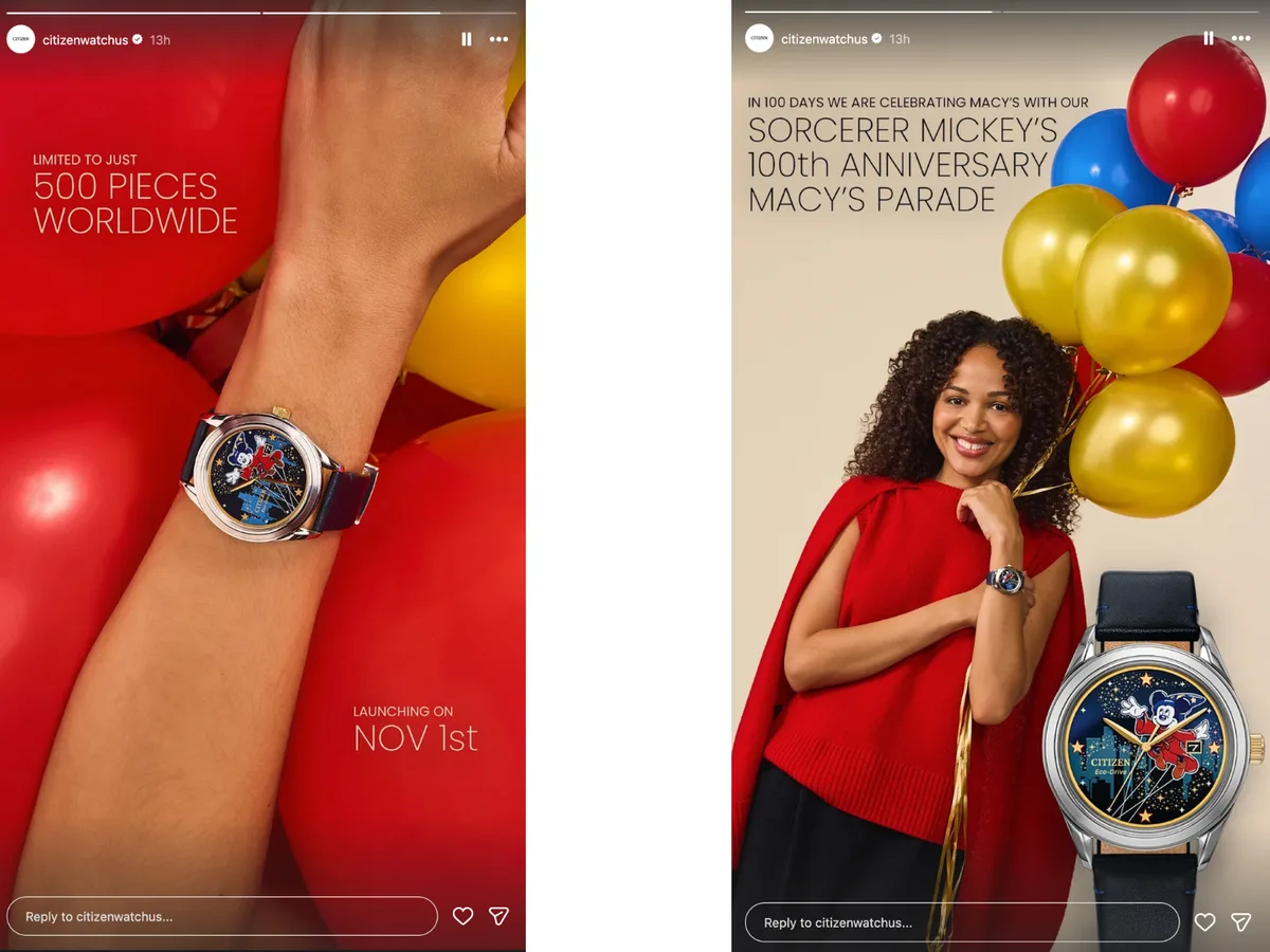 Dos historias de Instagram del Citizen Disney con Mickey y globos
