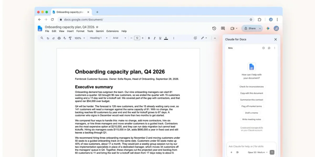 Claude para Google Workspace se integra en Docs, Sheets y Slides