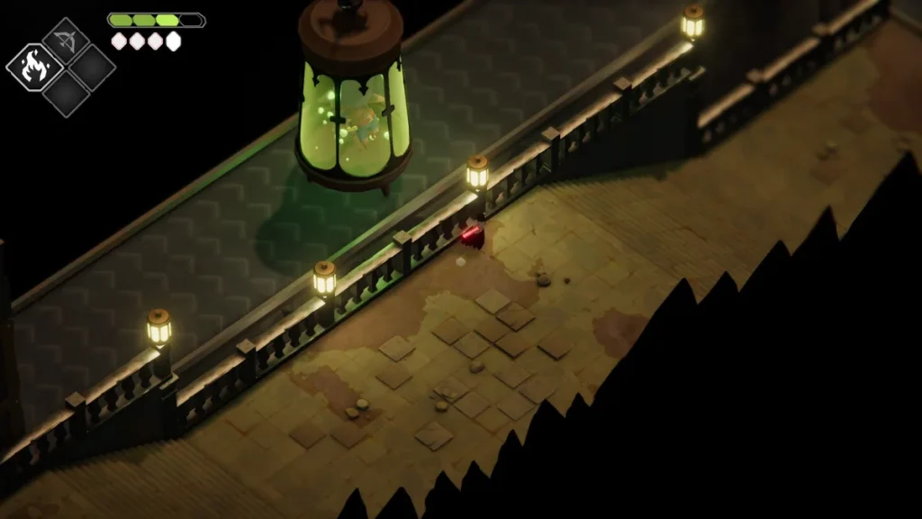 Cuervo de Death's Door cruza un puente junto a una linterna en la oferta del juego