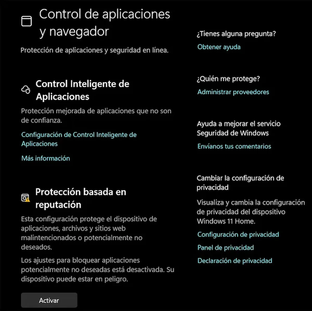 Función de Control de aplicaciones incluida en Windows Defender.