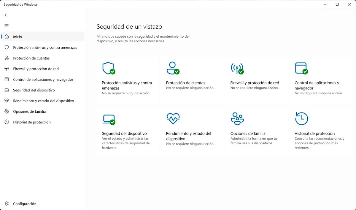 desactivar Defender en Windows 11 — Panel de Seguridad de Windows 11 con todas las protecciones activas, antes de desactivar Defender