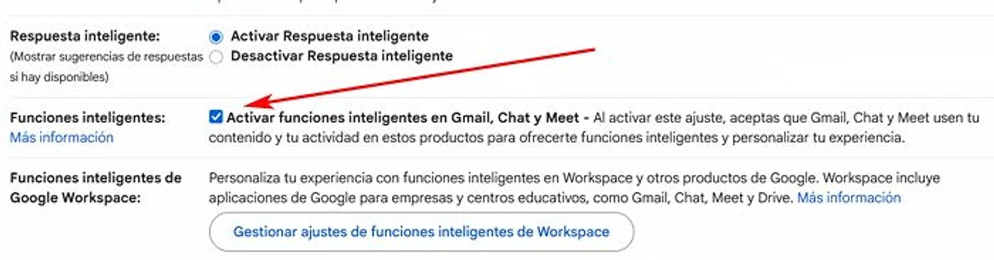 Ajuste de Funciones inteligentes en la configuración de Gmail, la casilla que hay que desmarcar para desactivar la IA en Gmail, Chat y Meet