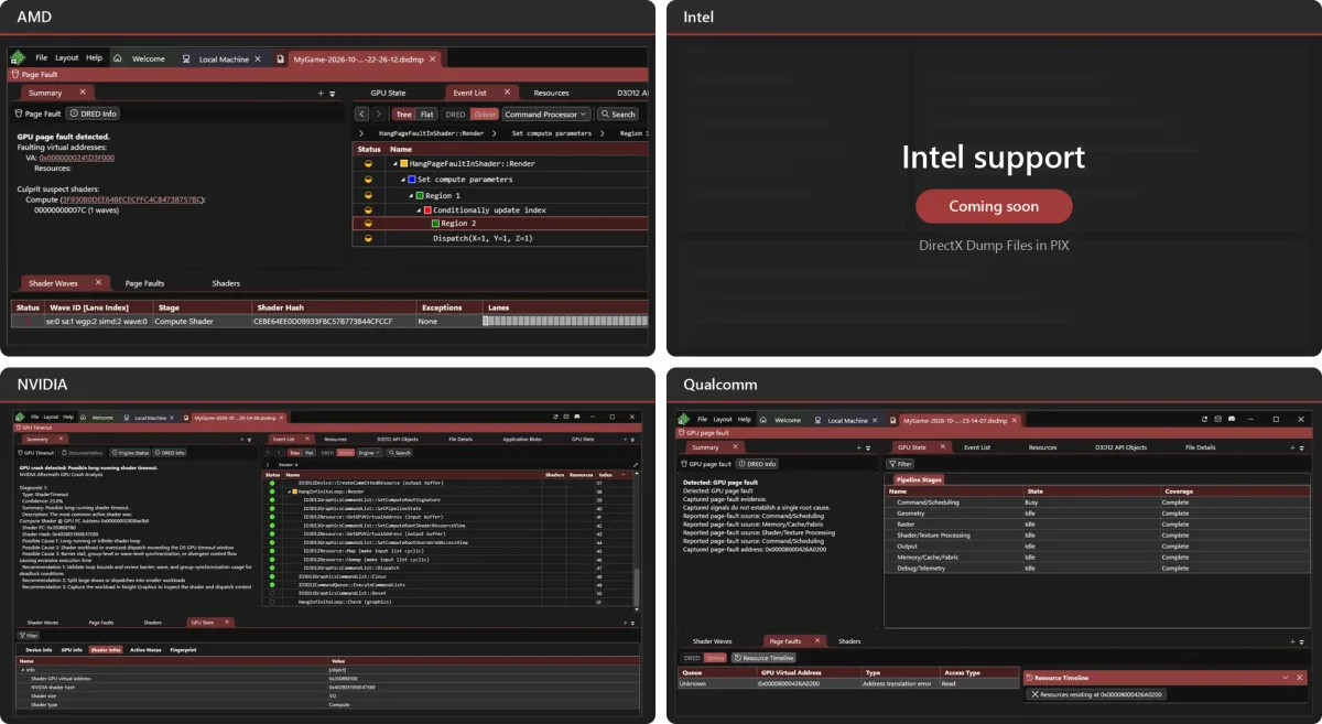 Análisis de volcados de fallo de GPU en PIX con DirectX GPU crash dumps para AMD, NVIDIA y Qualcomm