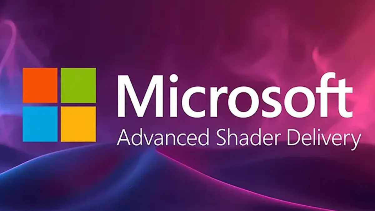 Logotipo de Microsoft con el texto Advanced Shader Delivery sobre fondo morado y azul