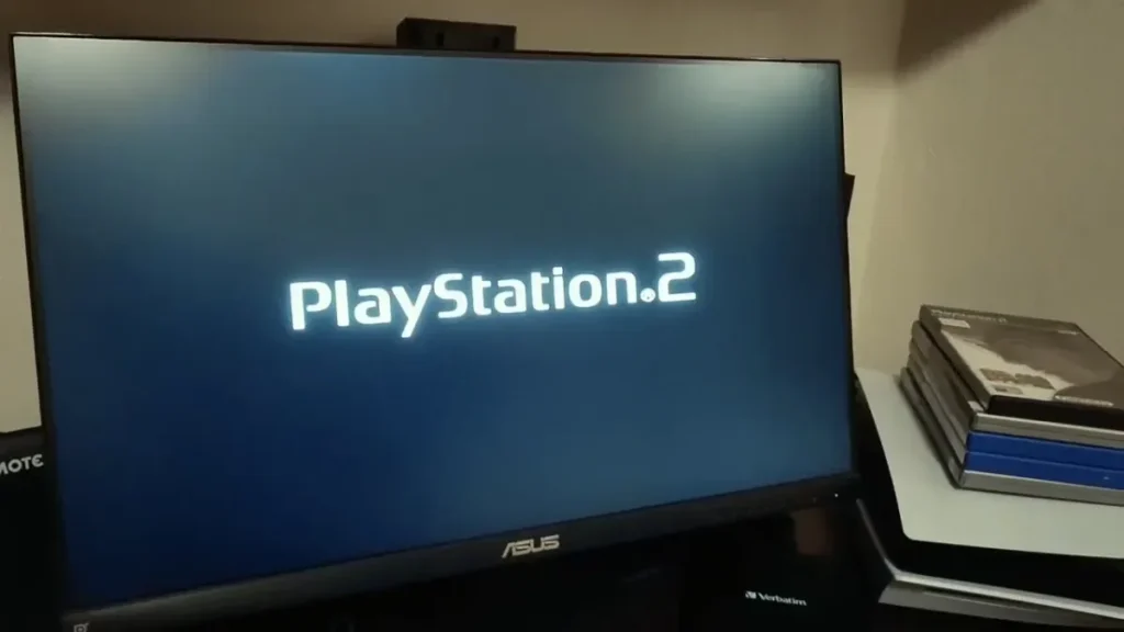 Pantalla de inicio de PlayStation 2 en una televisión, en la demostración de discos PS2 en PS5