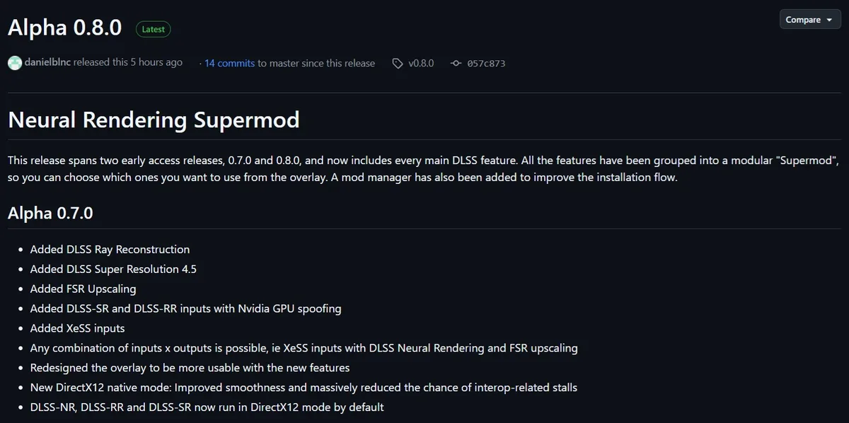 Página de GitHub del Neural Rendering Supermod, versión Alpha 0.8.0, con DLSS Ray Reconstruction en AMD y DLSS Super Resolution 4.5
