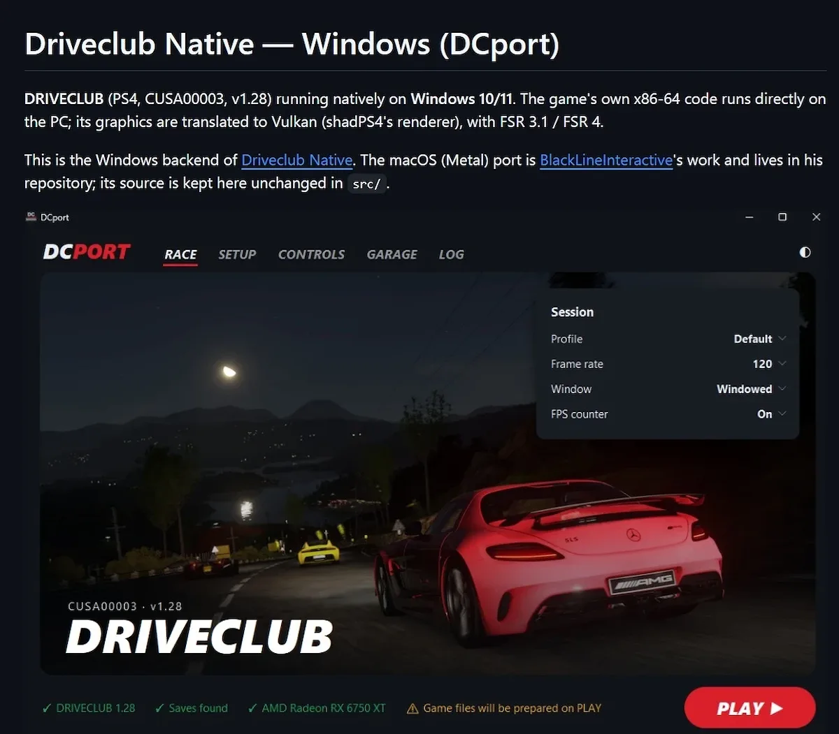 Lanzador DCPort de DriveClub Recomp en Windows, con un deportivo rojo en carretera nocturna y ajustes de carrera