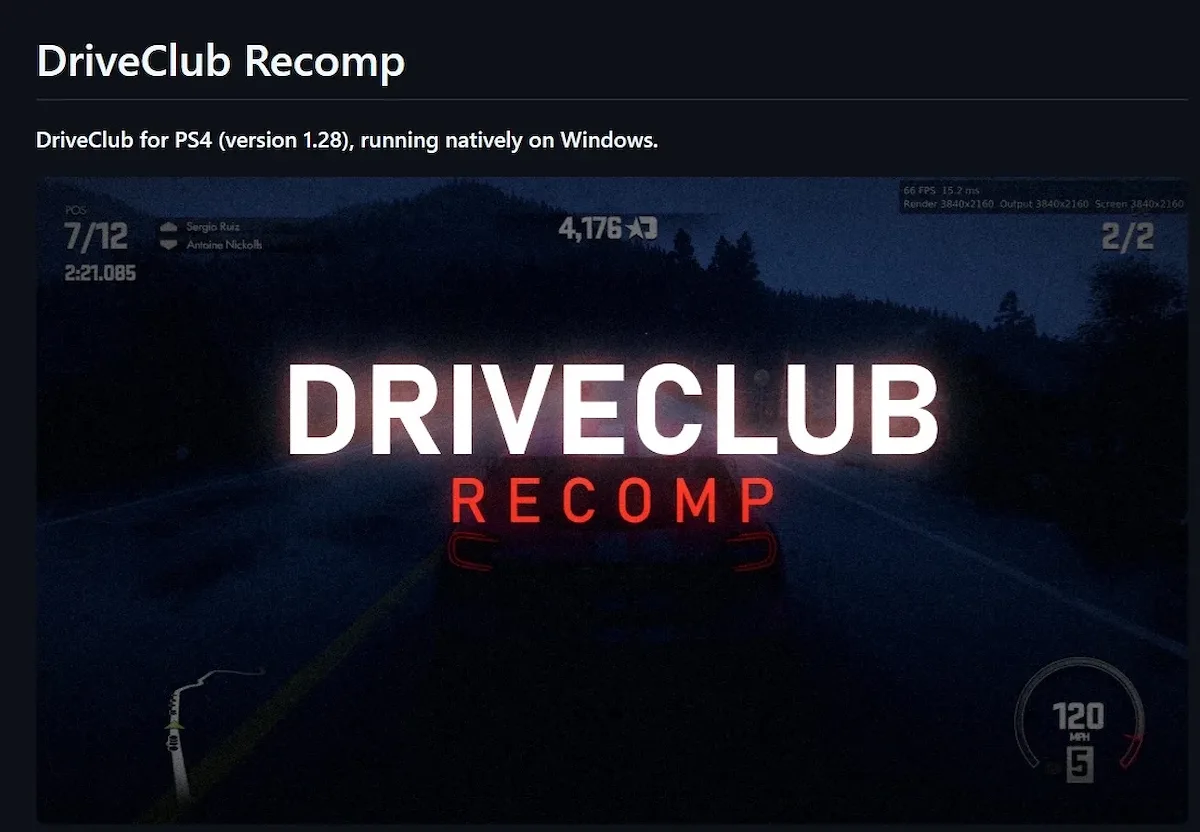 Página de DriveClub Recomp con el título del juego sobre una captura nocturna de carreras en PC