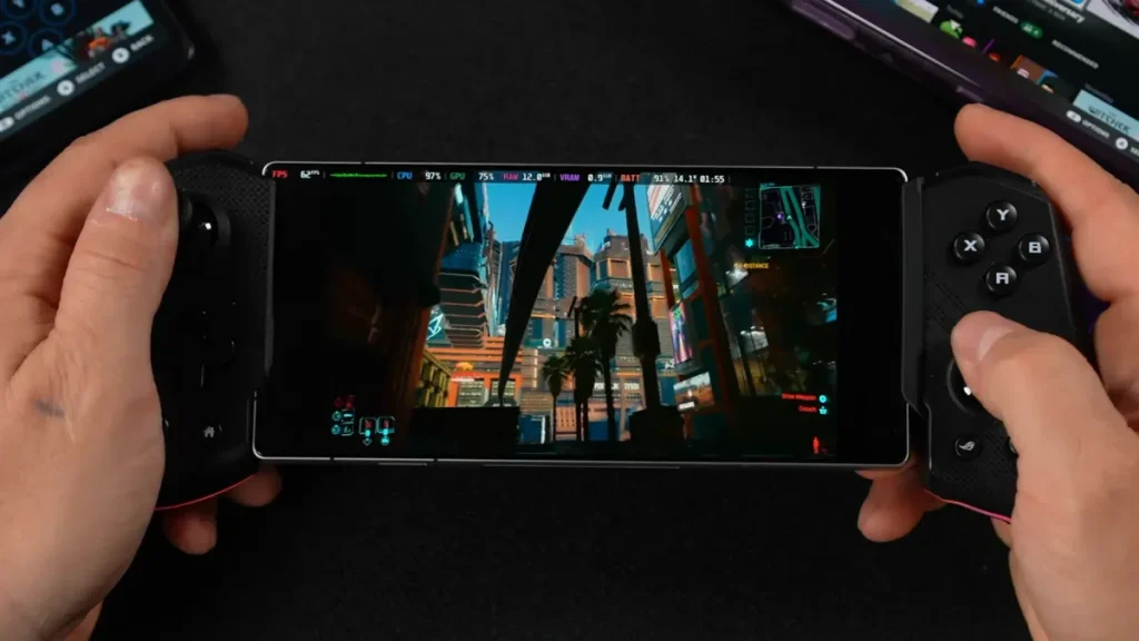 Consola portátil ejecutando un juego de PC con DroidDeck para Android, sin necesidad de streaming