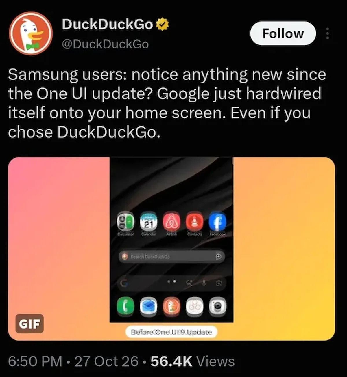 DuckDuckGo critica a Samsung y a Google por la barra de búsqueda de la pantalla de inicio de One UI 9