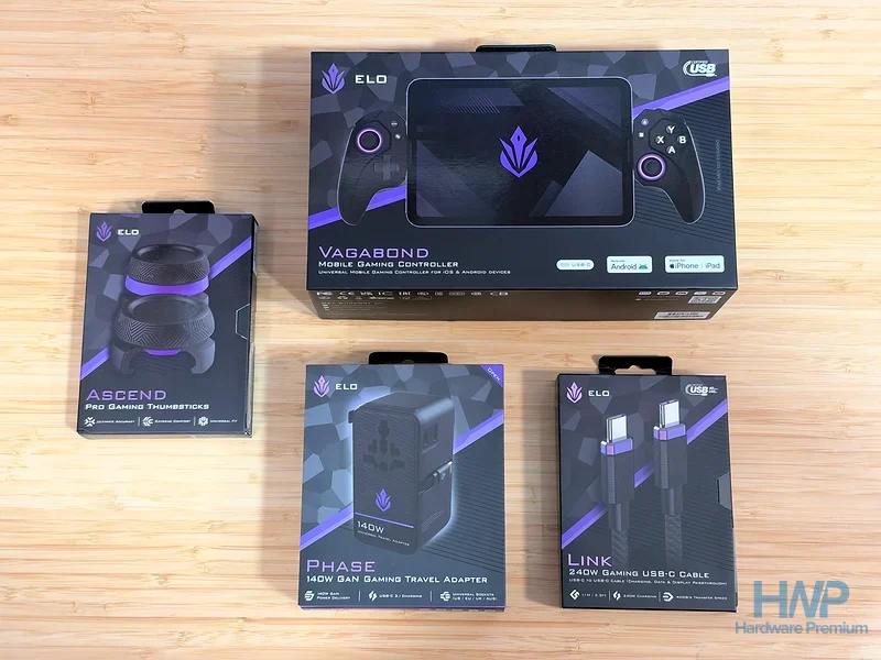Elo Vagabond junto a los accesorios ELO Ascend, Phase y Link en sus cajas