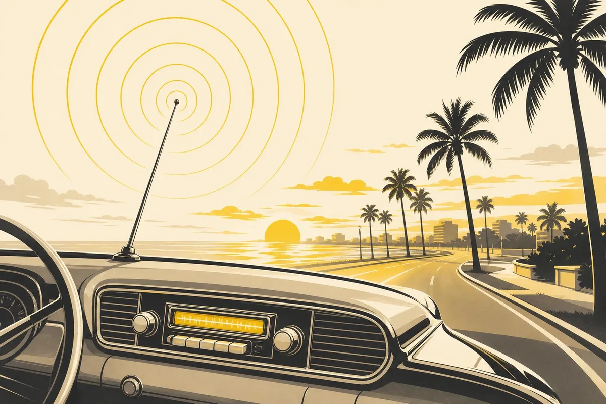 Ilustración de una radio de coche en una avenida costera tropical, en referencia a las emisoras de radio de GTA 6