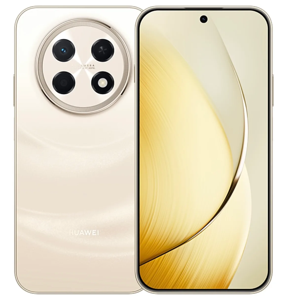 Huawei Enjoy 100 Pro Max en color dorado arena, con la trasera y la pantalla