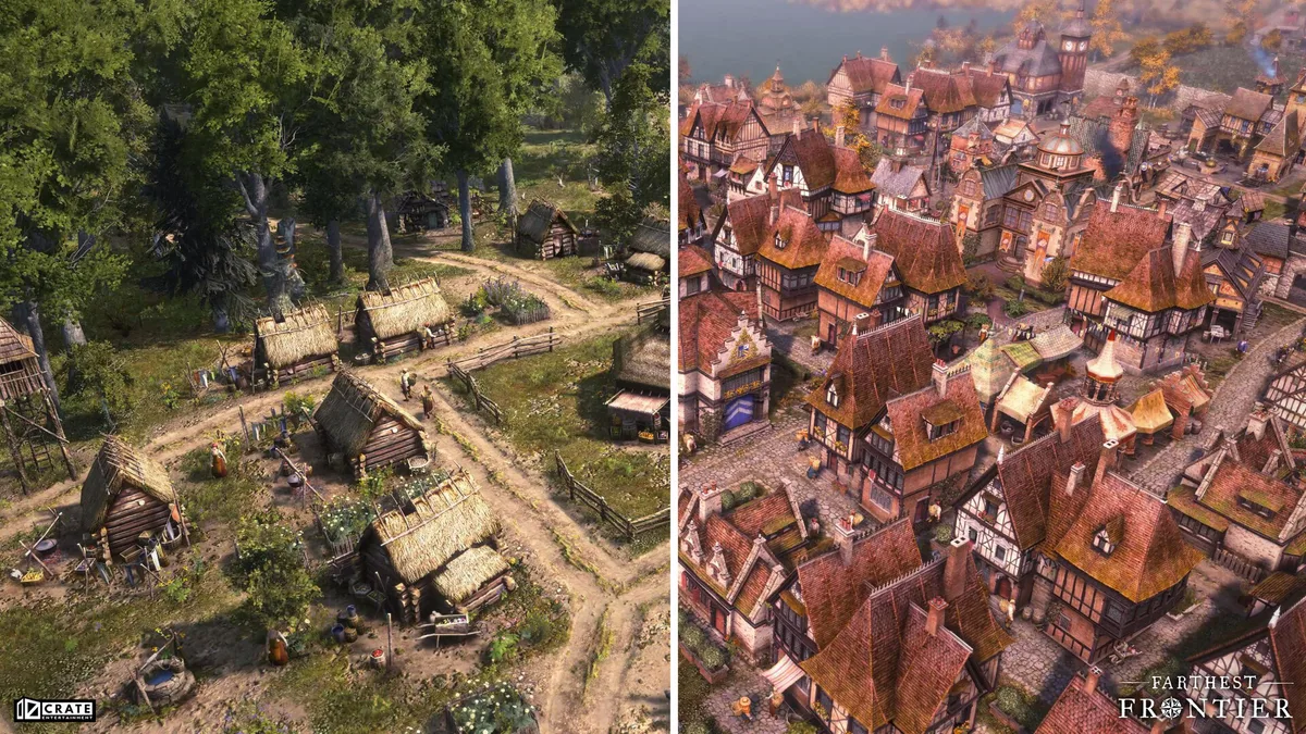 Farthest Frontier city builder — An image showing two cities in Farthest Frontier.