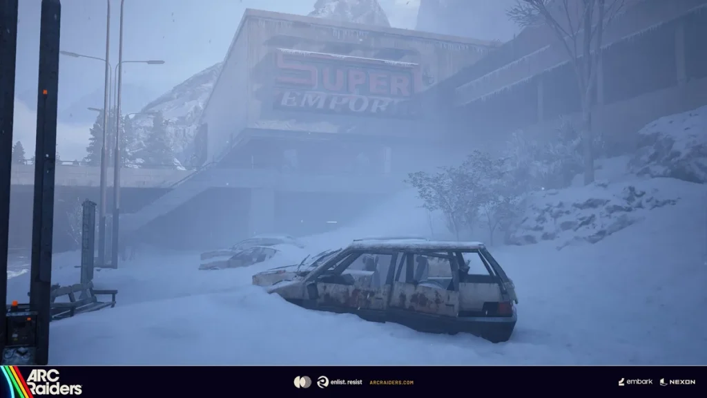 Coche abandonado frente a Super Emporio nevado en ARC Raiders