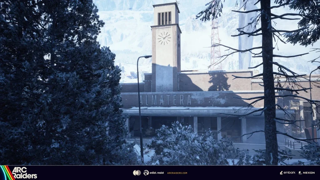 Edificio Almatera nevado en el nuevo mapa de ARC Raiders