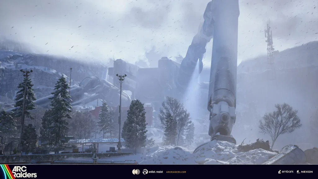 Estructuras mecánicas gigantes entre nieve y pinos de ARC Raiders
