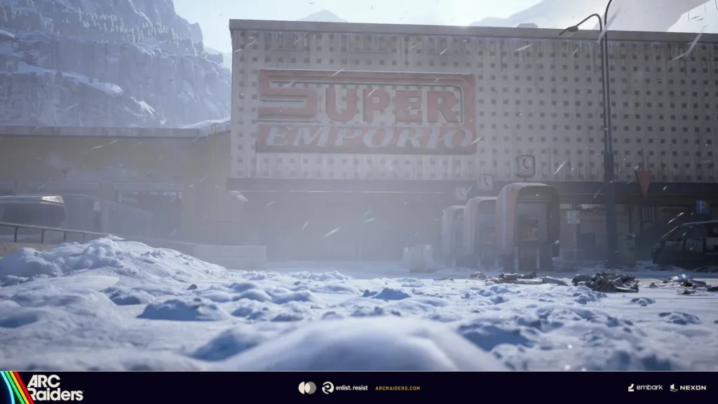 Fachada de Super Emporio cubierta de nieve en ARC Raiders